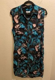 Equipment Tropical Leaf Collared Sleeveless Silk Knee Length Dress Size S