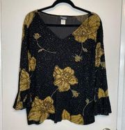 Rapture Vtg 90s Whimsy Goth Bell sleeve Floral sparkle dark fairy Cropped Top 1X