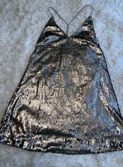 SEQUIN SPAGHETTI CROSS STRAP MINI DRESS NWT SIZE M GUNMETAL D4