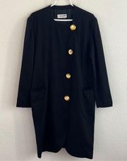 Vintage 80s George Rech Paris Black Crepe Dress Matte Goldtone Buttons Medium