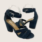 Navy Blue Suede Strappy Adjustable Ankle Strap Oval Block Heel Sandal 9