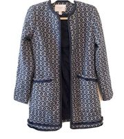 Carolina Belle Montreal Size XS Blue White Printed Tweed Duster Open Coat Jacket