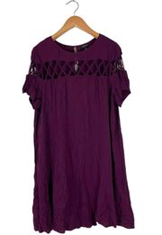 Challis Lattice Cutout Short Sleeve Trapeze Swing Dress Casual Purple 2