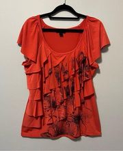 AB Studio Coral Orange Floral Short Flutter Sleeve Blouse Size M