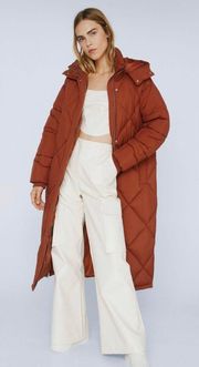 Rust Quilted Longline Puffer Hooded Jacket