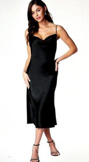 Bebe Satin Cowl Neck Slip Dress Midi - Black - size S