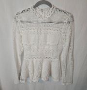 White Crochet Mockneck Long Sleeve Flare Women's Blouse Size XS