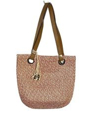 Sonoma Woven Tote Bag Red Cream Double Strap Beaded Accent Summer Lightweight