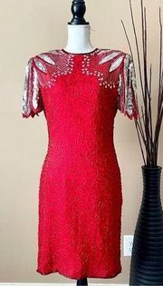 LAURENCE KAZAR | VINTAGE Red Pure Silk Sequin Open Back Cocktail Dress Sz M