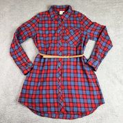 K By Kinnucans Flannel Dress‎ Womens Large Button Down Multicolor Plaid Belted