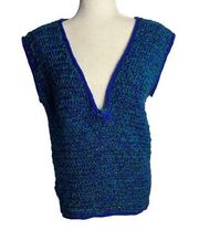 Vintage Handmade Knit Sweater Vest M Blue Green Sleeveless V Neck Soft Yarn