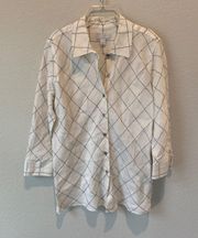 100% Linen Geometric Windowpane Threaded Detail Blouse