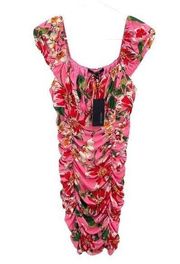 19 Cooper Bodycon Ruched Puff Sleeve Pink Floral Mini Dress. Size Small NWT