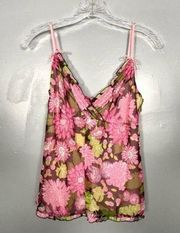 Vintage Brown Pink Floral Silk Ruffle Bow Y2K Preppy Tank Top 4