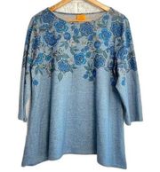 Ruby Road Women’s Top PL Petite Large Blue 3/4 Sleeve Floral Pattern Crew Neck