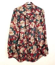 VINTAGE VTG NOTATIONS Plus Size Red Green Floral Satin Long Sleeve Button Down