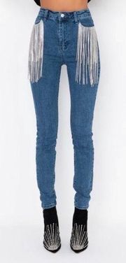 Rhinestone Fringe High Rise Skinny Jeans NWOT Size 13