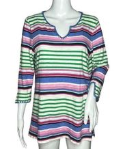 Talbots Shirt Womens Medium White Multi Striped Embroidered Cotton Linen Casual