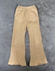 Ribbed High Waisted Beige Wide Leg Pants