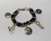 Signed Guess Costume Jewelry Bracelet Gold Tone / Black Ribbon / Charms