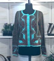 Vintage 90s Ceny military green teal blue light boho paisley pattern cardigan S