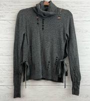 Pam & Gela Gray Destroyed Cashmere Blend Turtleneck Sweater Size S