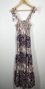 Abel The Label Maxi Dress Size Small S Smocked Tie Straps Tiered Mixed Floral