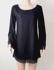 Tiare Hawaii Black Laced Hems Long Flare Sleeve Tie Back Mini Dress Size: S/M