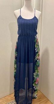 Candie's Navy Blue Sleeveless Maxi Dress With Tropical Floral Palm Leaf Details