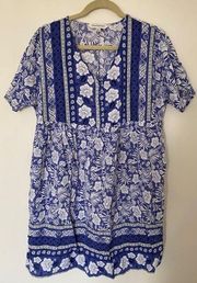 Davi & Dani Floral Print High Waist V-neck Short Sleeve Bohemian Dress Blue Sz S