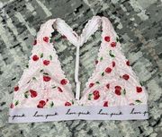 Pink Cherry Print Lace Bralette Womens Lined Adjustable