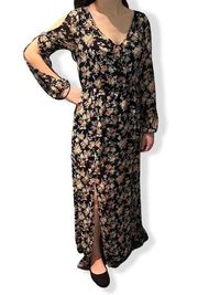 Mystic Black Floral Sheer Overlay Long Sleeve Cottagecore Maxi Dress M