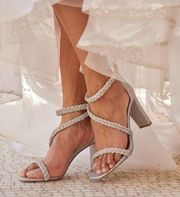 BADGLEY MISCHKA Fenix Embellished Ankle Strap Sandal in Soft Gold Size US 8