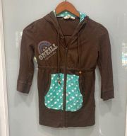 Women's Brown Turquoise O'Neill Zip Up Heart Print Bead Hoodie Jacket Sz XS