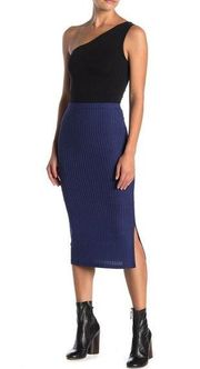 Velvet Torch Skirt Navy Blue Ribbed Knit MIDI Side Slit XS NEW