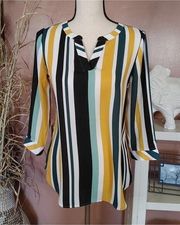 Van Heusen Size XXS Extra Extra Small Pin Stripe Green Gold Long Sleeve Blouse