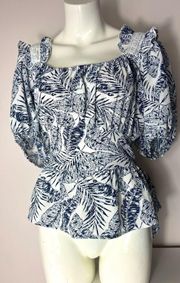 Sweet Rain Blue White Floral Leaf Peplum Bow Tie Back Blouse Top Plus Size 2XL