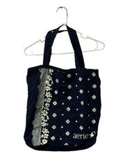 Aerie Dark Blue Large Reusable Tote Bag Shopping White Floral sustainable Simple