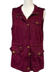 2Sable NWOT 100% cotton maroon burgundy utility vest snaps buttons zippers - S