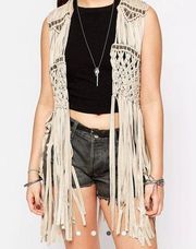 Asos Fringe Faux Suede Beaded Hippie Long Vest Small / Medium