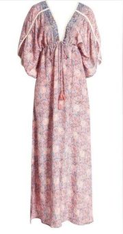 Raga Baran Pink Paisley Plunge Tassel Kimono Sleeve Maxi Dress Boho Beach Size M