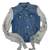 Express Jacket Womens X Small Blue Denim Knit Lace-Up Sleeve Button Jean Cotton