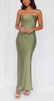 Felicity Satin Strapless Maxi Dress Olive Green