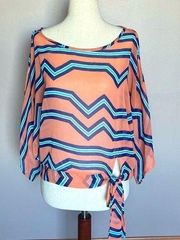 Andree Sheer Salmon Pink Blue and Navy Funky Patterned Blouse with Bow Tie