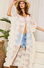 UNBRANDED | Floral Lace Kimono Sleeve Cover Up White Scalloped Edge Tie Waist OS