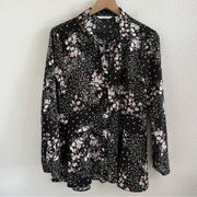 Isaac Mizrahi Floral Button Front Collar Blouse Top Shirt Dark Floral Modest 10