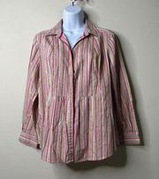 Liz Claiborne Pink/Beige Striped Button Front Shirt Women's Large