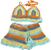 Romwe  multicolored crochet bikini cover up set size small
