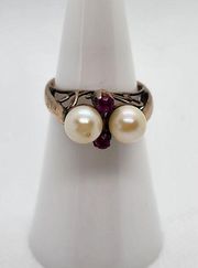 Vintage Gold Genuine Pearl & Ruby Ring (5.25)