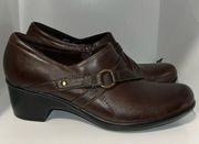 Clarks Genette Arc Women's Brown Leather Heeled Clog Loafers Slip-On Size 9